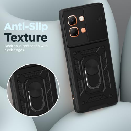 Image of Pikkme Back Cover for Infinix Note Edge 5G | 360 Protection Case | Sliding Camera Shield Cover & Ring Holder Stand D10 Tough Armor Bumper Case (Black)