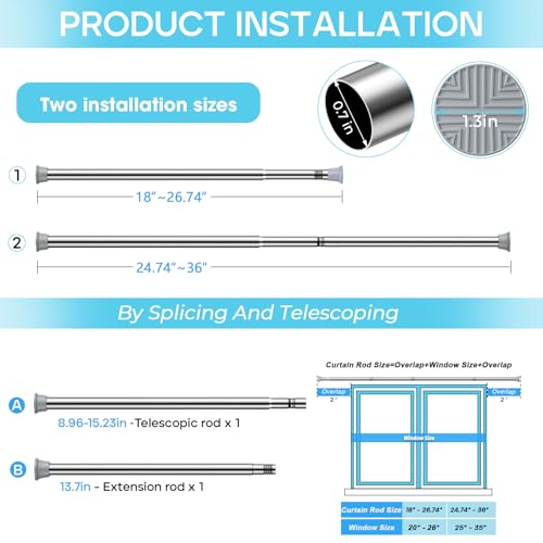 Image of Spring Tension Curtain Rod 18-36 inch, Adjustable Expandable Tension Curtain Rod No Drilling, Tension rods for Window Doorway Kitchen Curtain, Silver