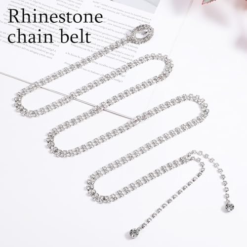 Rhinestone Belts for Women Parkly Rhinestone Belt Crystal Chain Fashion Crystal Waist Chains Silver Fashion Glitter Chain Belt for Dress Sparkle Thin Belts for Dresses (43.31inches)3