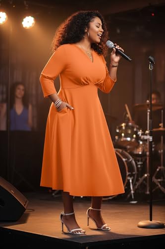Image of Nmoder Women's Plus Size Stretchy Flared Wrap Dress Casual Wedding Guest Midi Dresses V Neck 3 /4 Sleeve A-Line Swing Dress
