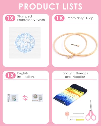 Image of TINDTOP Embroidery Kit for Beginners Adult, Hummingbird Embroidery Kit | Include Embroidery Cloth Hoops Threads for Craft Lover Hand Stitch with Embroidery Skill Techniques