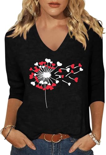 Image of Woffccrd Womens 3 /4 Sleeve V Neck T-Shirts Valentina's Day Spring Shirts Love Heart Printed Graphic Tees