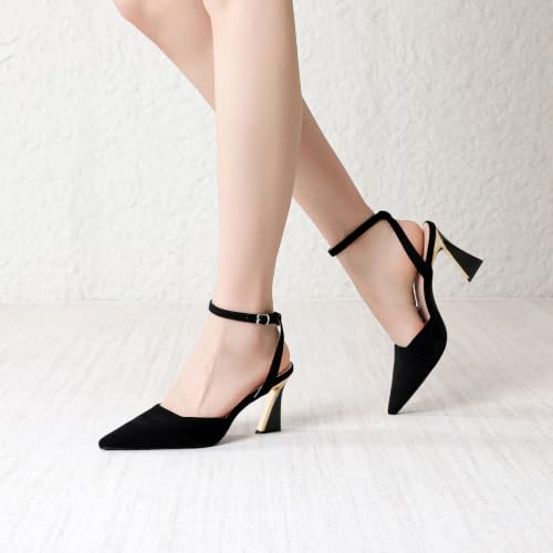 Image of RIBONGZ Comfortable Kitten Heels for Women Pointed Closed Toe Ankle Strap Buckle Heels Slip on Low Heel Church Pumps Wedding Bridal Party Dressy Shoes