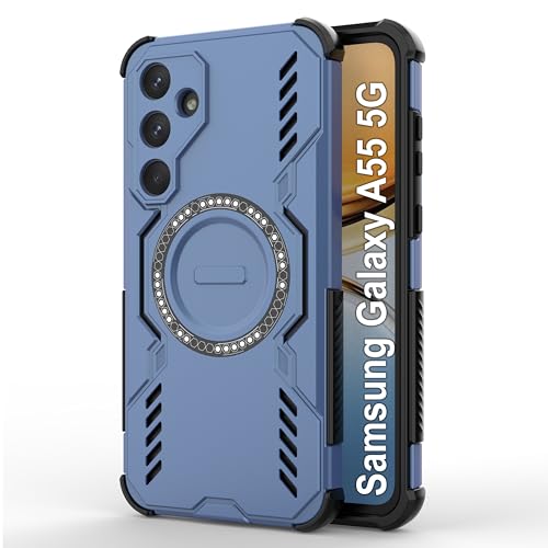 Image of amazon basics Back Case Cover for Samsung Galaxy A55 5G | Magnetic Case with Built-in Metal Ring | Supports Mag-Safe Charger, Wallet & Car Mount | Shockproof Hybrid PC + TPU | Blue