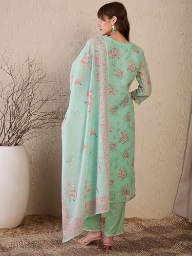 Image of INDO ERA Women's Straight Linen Floral Printed Embroidered Kurta & Pant with Dupatta Set