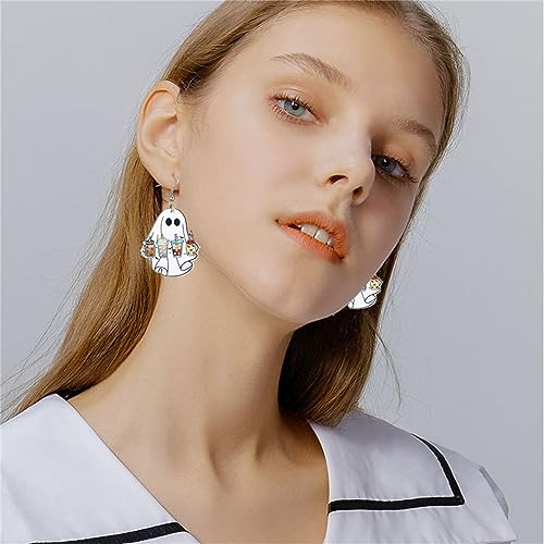 Halloween Ghost Earrings for Women Cute Funny Cartoon Ghost Print Pumpkin Wooden Resin Acrylic Dangle Halloween Lightweight Wood Acrylic Dangle Drop Earrings Halloween Party Jewelry Gifts (Coffee Ghost)2