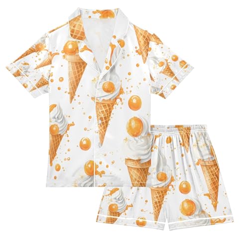 senya Ice Cream Orange Satin Summer Pajama Sets Silk Short Sleeve Button Down Sleepwear