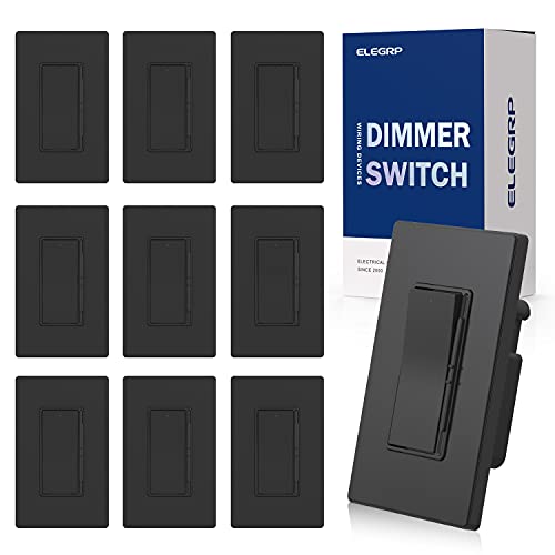 Image of ELEGRP Dimmer Light Switch for 300W Dimmable LED /CFL Lights and 600W INC /HAL Bulbs, Single Pole /3-Way LED Slide Dimmer Light Switch, Wall Plate Included, UL Listed, 10 Pack, Matte Black