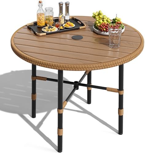 DWVO Outdoor Patio Dining Table Round for 4 35.4" Outdoor Tables with Umbrella Hole & Adjustable Levelers All-Weather Bistro Table with Metal Frame for Lawn Garden Backyard
