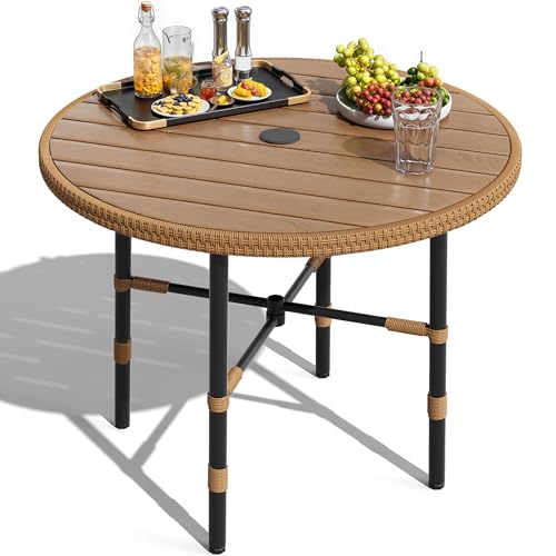 DWVO Outdoor Patio Dining Table Round for 4 35.4' Outdoor Tables with Umbrella Hole & Adjustable Levelers All-Weather Bistro Table with Metal Frame for Lawn Garden Backyard