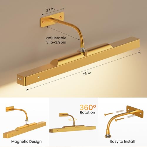 Image of Picture Light with Remote Gold, 16inch Wireless Rechargeable Battery Wall Light for Paintings, 3 Colors with Dimmable and Timer 2Pack Art Light for Painting, Display, Wall, Artwork, Gallery