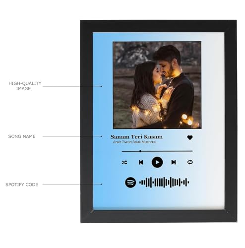 Image of wood Spotify Rectangular Shape Wall Mount Photo Frame Personalized Picture Music Frame Anniversary For Gift | Scannable Spotify Song Qr Code Frame With Your Photo, Blue & White - 16x24 Inch