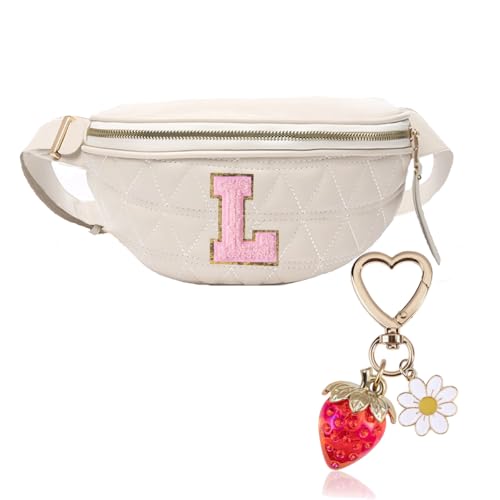 Riñonera Mujer y Niña,Bolso Pecho Pequeño con Iniciales,Riñonera Elegante Bolso Bandolera Cruzado Pequeño de PU Cuero Bolso Bandolera Mujer con Cereza Llavero (Riñoneras de Moda-L)
