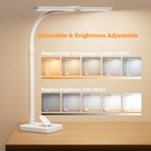 Image of LED Desk Lamp with Base - Bright Dimmable Computer Lamp with Phone Holder, 24W Bendable Desk Light for Monitor Screen, Eye-Caring Tall Desktop Light for Task Home Office Work, White, Dual Head