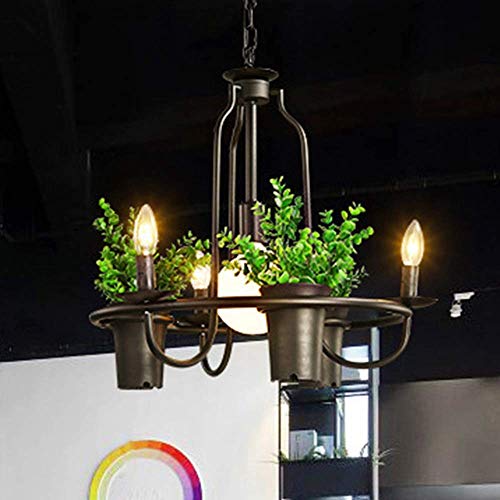 Lustre industriel noir style loft à 4 lampes avec dôme de plantes artificielles