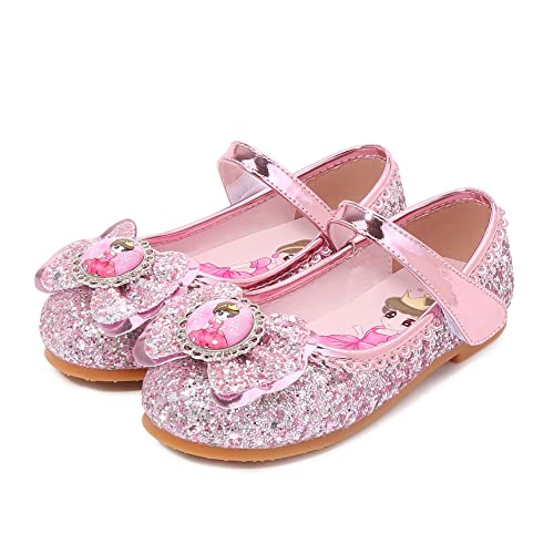 Eleasica Chaussures de Princesse Elsa Fille Ballerines Paillettes Plat Nœud Papillon Cadeau Saint-Nicolas Chaussures pour Déguisement Bout Fermé Antidérapant Noël Carnaval,Rose New,33