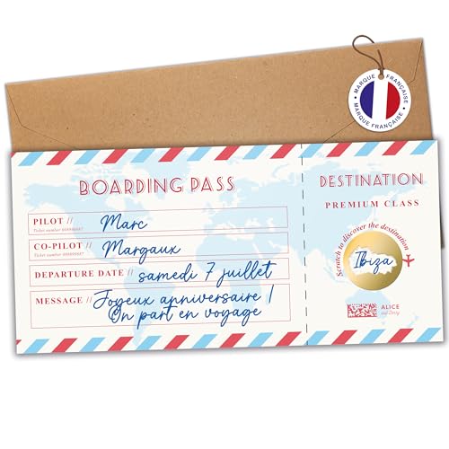 aliceandberry Carte Voyage Surprise à Gratter Cadeau - Billet d'Embarquement Personnalisable - Billet Avion Cadeau - Anniversaire, EVJF, Cadeau Couple -...