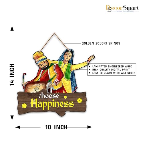 Image of Decor Smart Wooden Wall Hanging | Decorative Wall Art | Punjabi Couple Design Plaque | Choose Happiness Quote Sign | Ethnic Style Home Decor Accent | Decoration for Living Room and Entryway (DWA 8705)