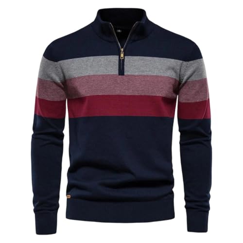Men's Patchwork Pullover, Cotton Knit Half-Zip Stand-up Collar top