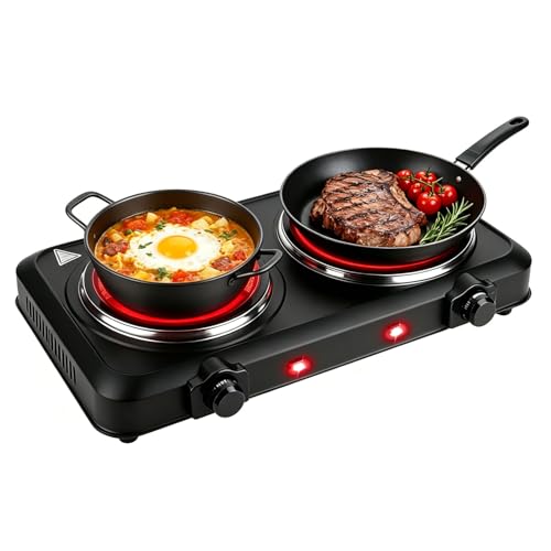 Image of 1800W Electric Double Cooktop Countertop Counter Stove Infrared Dual Burner | Portable Dual Hot Plates Glass Stepless Temperature for Camp Kitchen RV (Black)
