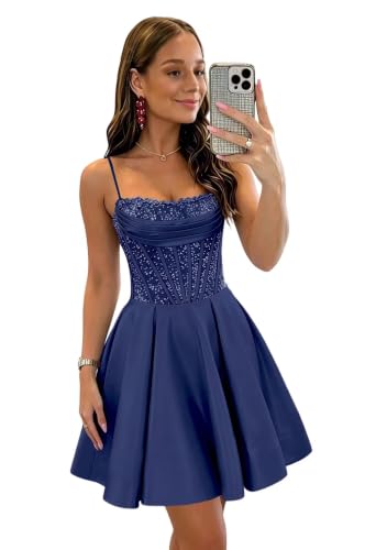 Sparkly Sequin Satin Homecoming Dresses 2026 A Line HOCO Dress Short Cocktail Party Gowns,Dark Navy,2