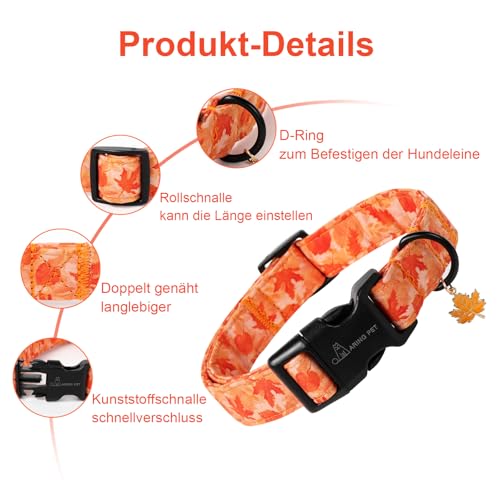 ARING PET Herbst Orange Hundehalsband, Herbst Ahornblatt Hundehalsband mit Schnellverschluss aus Kunststoffschnalle, Bequemes Baumwoll Halsband für Jungen und Mädchen Hunde