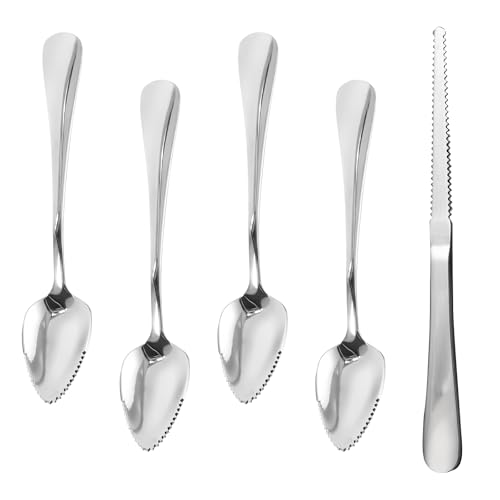 4 Pack Grapefruit Spoons and 1 Grapefruit Knife, Stainless Steel Serrated Spoon, Dessert Spoons, for Berry Lemon Salads Pitaya, Silver