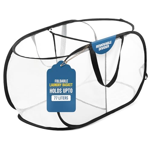 Foldable Laundry Basket - Popup and Collapsible, Durable Mesh Material, Folds for Storage, Easy Carry Handles - Great Hamper for College Dorm, Laundry Room or Travel (White-Black, 2-Compartments)