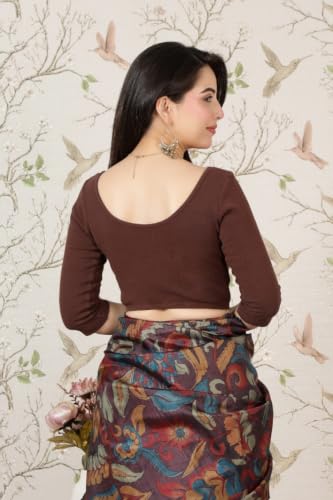 Image of Mlada V-Neck Stretchable Saree Blouse Top for Women | Slim Fit 3 /4th Sleeves Solid Cotton Blouses | Readymade Saree Blouses for Women Festive & Ethnic | Blouse Crop Top