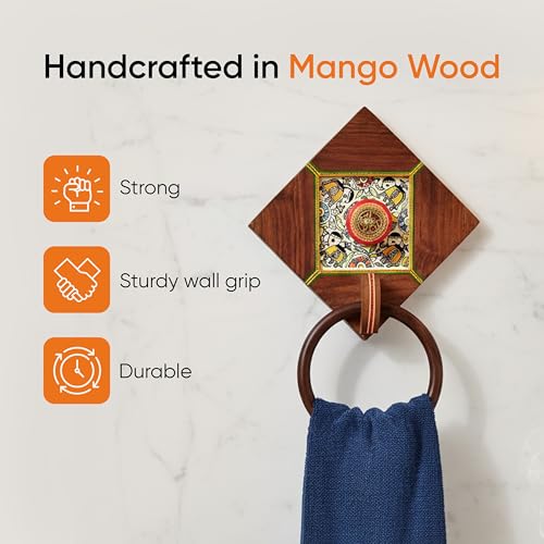 Image of Aakriti Art Creations Art Fusion Wooden Towel Holder | Dhokra Elegance Towel Hanger | Brass & Wooden Handcrafted Towel Holder | Matte Finish Brown Wall Mounted
