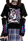 EMILYLE Women Girl Anime Casual Style Clothing Kwaii Cartoon T-shirt Harajuku Style Streetwear(black ribbon girl-1,2XL)