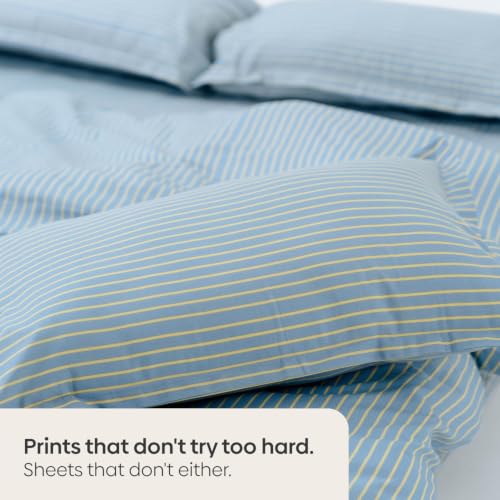 Image of Haus & Kinder Double Bed Bedsheet 90 x 100 | 186 TC Pure Cotton Bed Sheet Double Bed with 2 Pillow Covers | Queen Size Bed Sheet | Seiran Stripe Blue Breeze