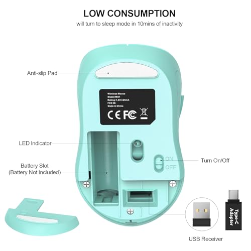 Image of WisFox 2.4G Wireless Mouse for Laptop, Ergonomic Computer Mouse with USB Receiver and Type-C Adapter, 3 Adjustable Levels DPI, 6 Button Cordless Wireless Mice (Mint Green, 1 Pack)