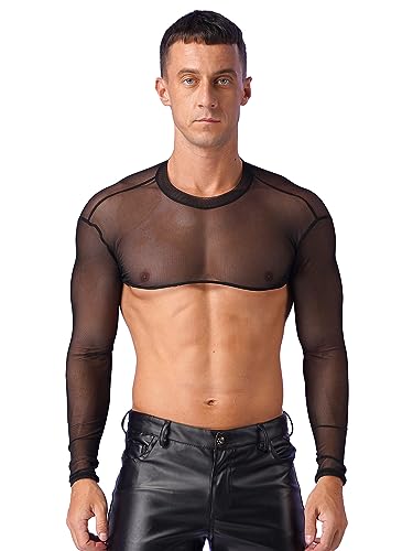 Men's See-Through Long Sleeve Crop Top Shrug Bolero Motorcycle Slim Mesh Tops T Shirt