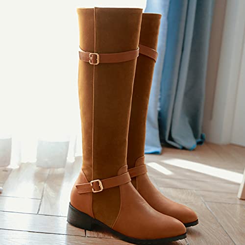 UniqueStride Womens Chunky Low Heel Knee High Riding Boots Buckle Zip up Flat Boots2