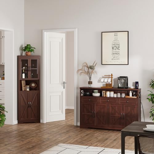 Image of 51 inch Dark Brown Buffet Sideboard Cabinet, Farmhouse Storage Cabinet Kitchen | Pantry with Shelf and Drawers, Wood Cupboard Hutch Cabinet, Coffee Bar Station Table for Kitchen, Living Room, Dining Room