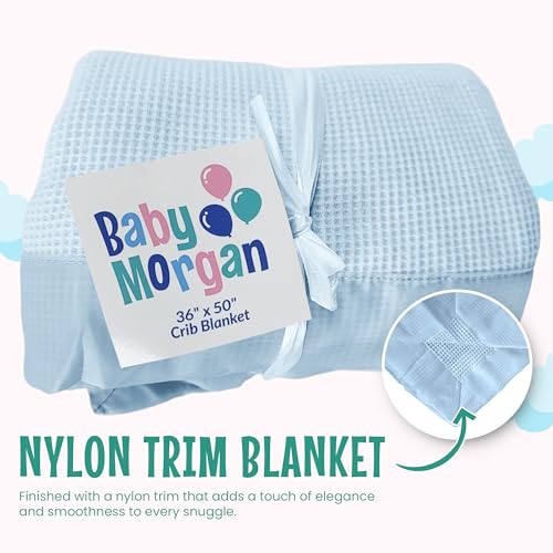 Image of Blankets Thermal Waffle Baby Blanket Crib Bedding - Soft Cozy Warm Infant Thermal Cover for Nursery Stroller or Bassinet, Lightweight Ideal Shower Gift, Nylon Trim Blue 36 inch x 50 inch