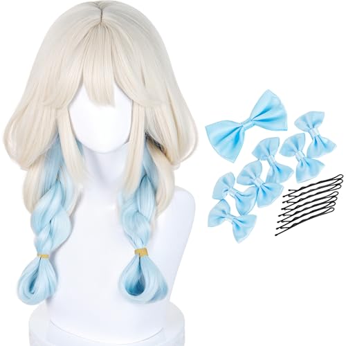 Image of Half and Half Long Blonde Blue Braid Anime Cute-Puppy Cosplay Wig with Bangs Kawaii Lolita Costume Wigs + Bow + Hairpins for Women Halloween Party