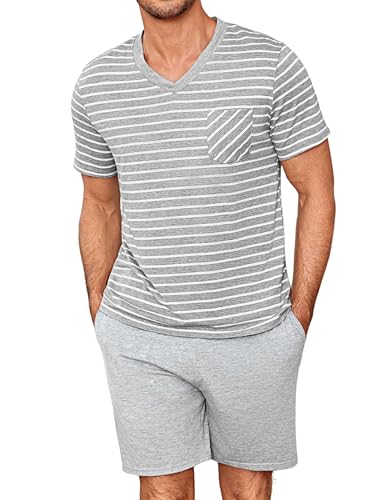 Demegimi Pigiama Estivo Uomo a Righe in Cotone Set con Maniche Corte e Pantaloncini Biancheria da Notte Leggera con Scollo Rotondo