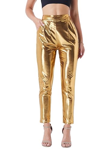 heipeiwa Women's Shiny Metallic Cropped Pants Party Club Disco Wear Sequin Casual Dress Pants