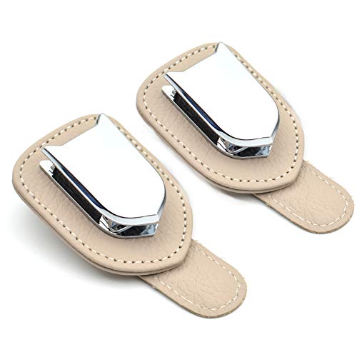 MECHCOS 2 Packs Car Glasses Holder Universal Car Visor Sunglasses Holder Clip, Leather Eyeglasses Hanger Ticket Card Clip Mount for Car Interior Accessories(Beige)