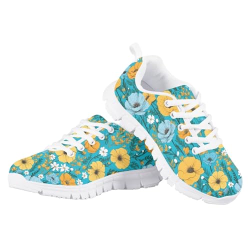 ORGYPET Size 2 Toddler Shoes Girls, Yellow Floral Running Shoes for Kids 2025 Lightweight Non-Slip Sneakers Breathable Soft Mesh Tennis Sneaker