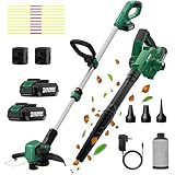 KIMO 12 Inch Weed Wacker and 4-in-1 Cordless Leaf Blower/Vacuum Combo Kit, 10Pcs Cutting Lines, 3 Nozzles for Inflation and Deflation, 20' Extended Tube, 2 Pack 2.0Ah Battery Powered Leaf Blowers