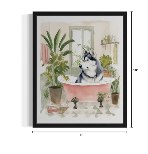 Image of Husky in Bathtub Unframed Wall Art Poster Print, Animal Bathtub Restroom Wall Art Painting for Bathroom Decor Gallery Gallery 30 (Husky in Bathtub, 10 inch L x 8 inch W, Unframed)