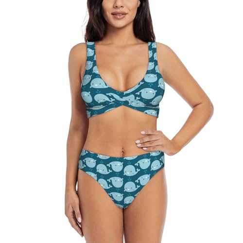 UVBDF Conjunto de bikini de dos piezas con fondo de ballenas de dibujos animados para mujer, diseño frontal cruzado con parte superior de natación de apoyo, Negro, L