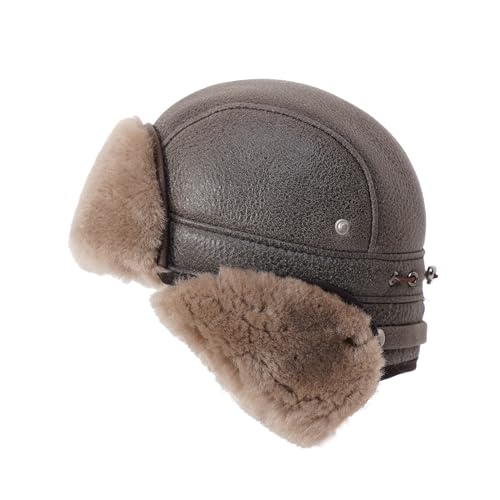 Image of Mumcu's Leather Sheepskin Aviator Russian Ushanka Fur Winter Hat Cap with Snap Closure