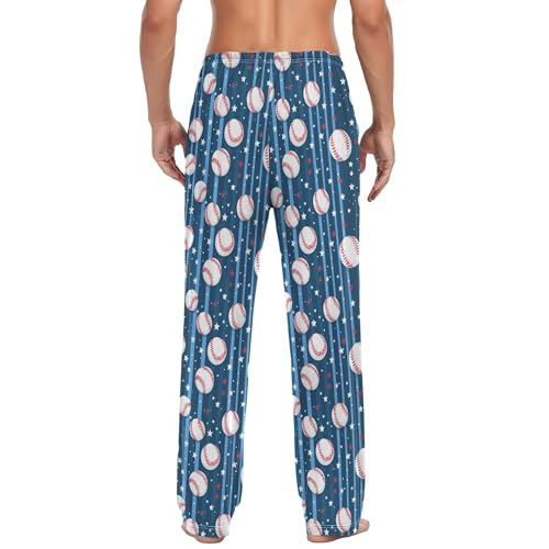 JUNZAN Stripe Beiged Baseball Stars Pajama Bottoms for Men with Pockets Comfy Mens Pjs Pants for Winter Xmas S2