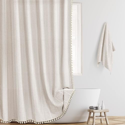 BESBESME Boho Farmhouse Shower Curtain Set with Hooks, Striped Linen Heavy Duty Fabric Shower Curtain for Bathroom, Water Repellent Rustic Vintage Country Shower Curtain with Tassels, Beige, 72