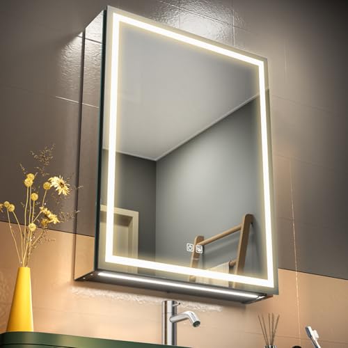 GANPE LED Lighted Bathroom Medicine Mirror Cabinet with Sockets & USBs, Anti-Fog Dimmable Light and...