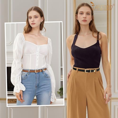 JASGOOD 2 Pack Women's Skinny Leather Belts Faux Leather Thin Waist Belts with Gold Buckle for Jeans Pants Dresses4